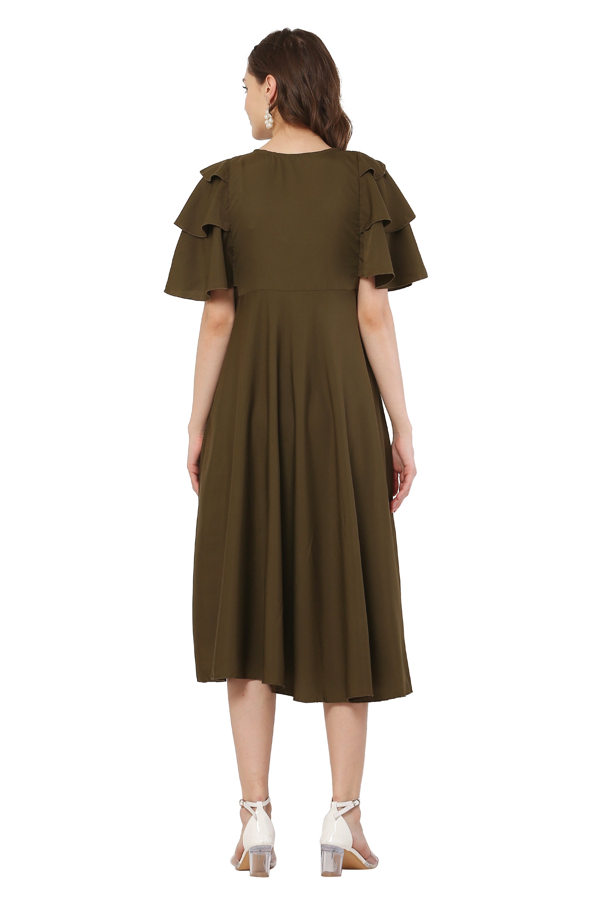 PAVONINE Mehandi Green Color Crepe Fabric Embroidery Dress For Women | Grocsy