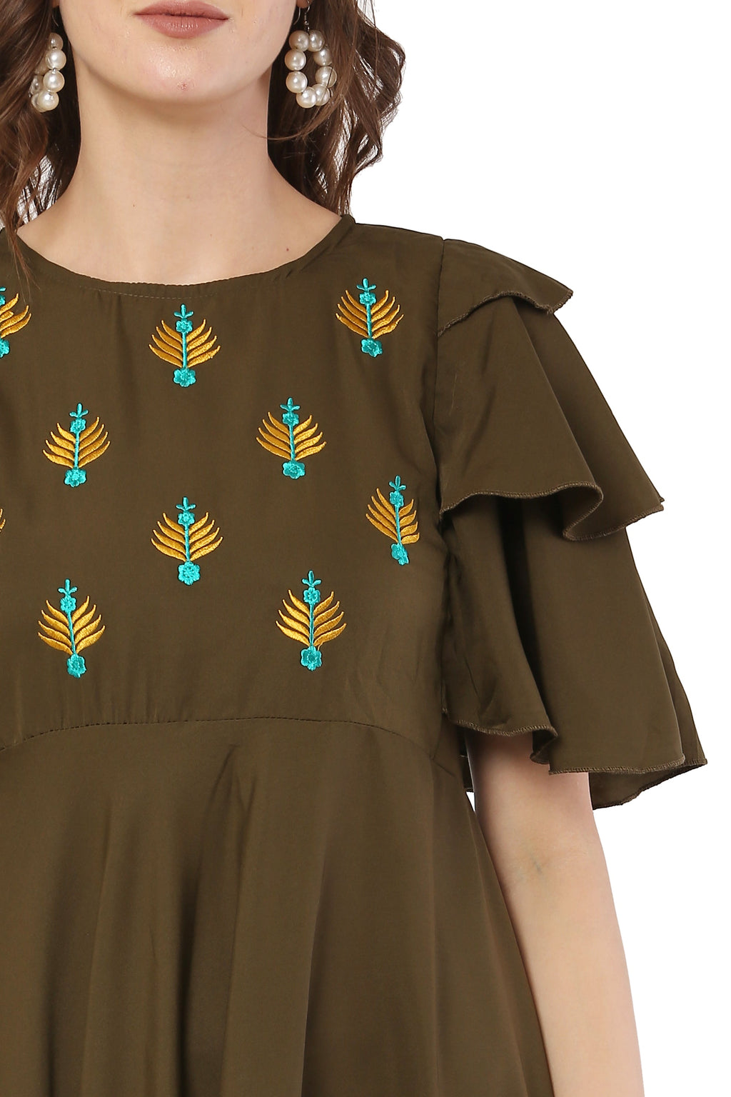 PAVONINE Mehandi Green Color Crepe Fabric Embroidery Dress For Women | Grocsy