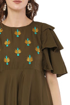 PAVONINE Mehandi Green Color Crepe Fabric Embroidery Dress For Women | Grocsy