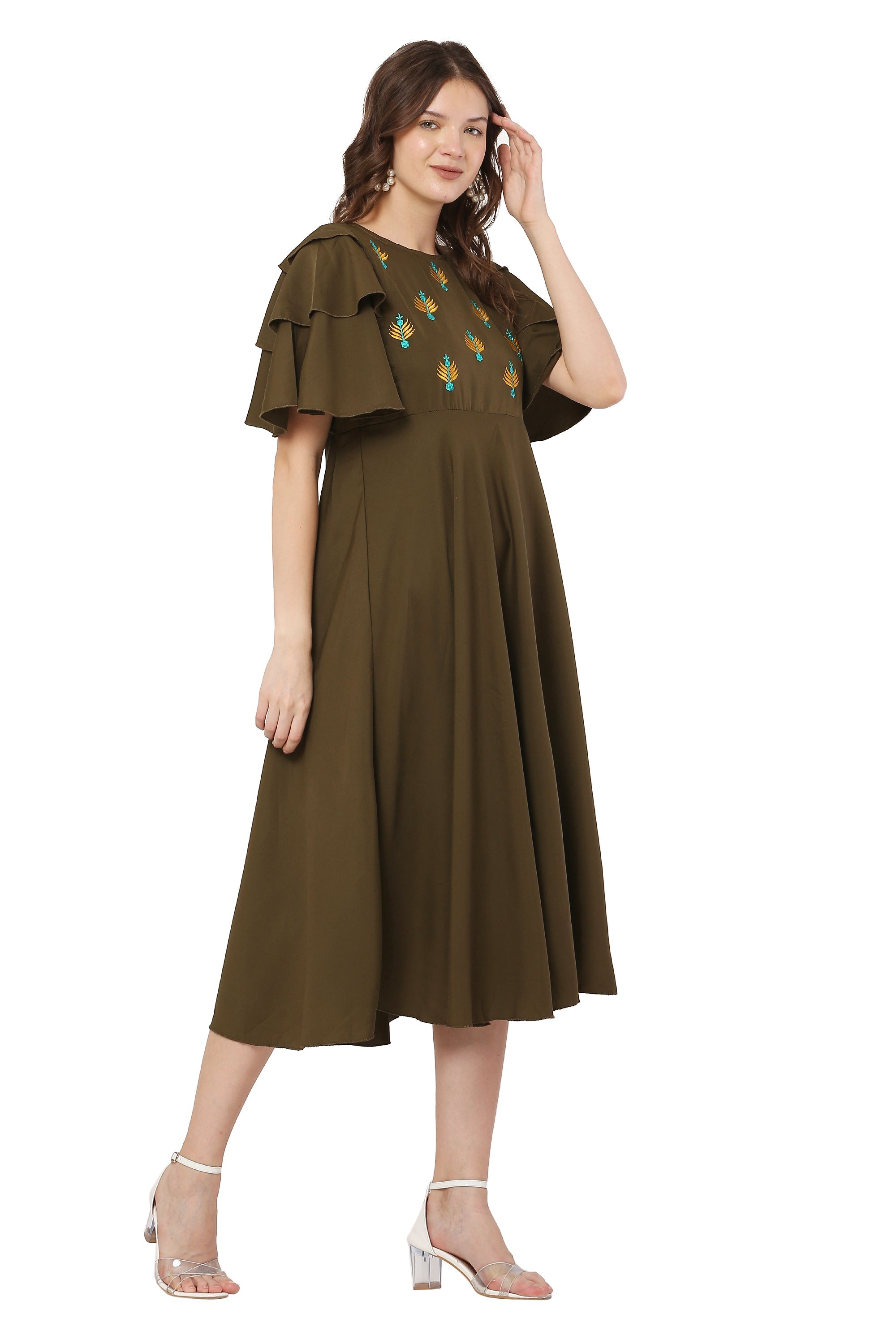 PAVONINE Mehandi Green Color Crepe Fabric Embroidery Dress For Women | Grocsy