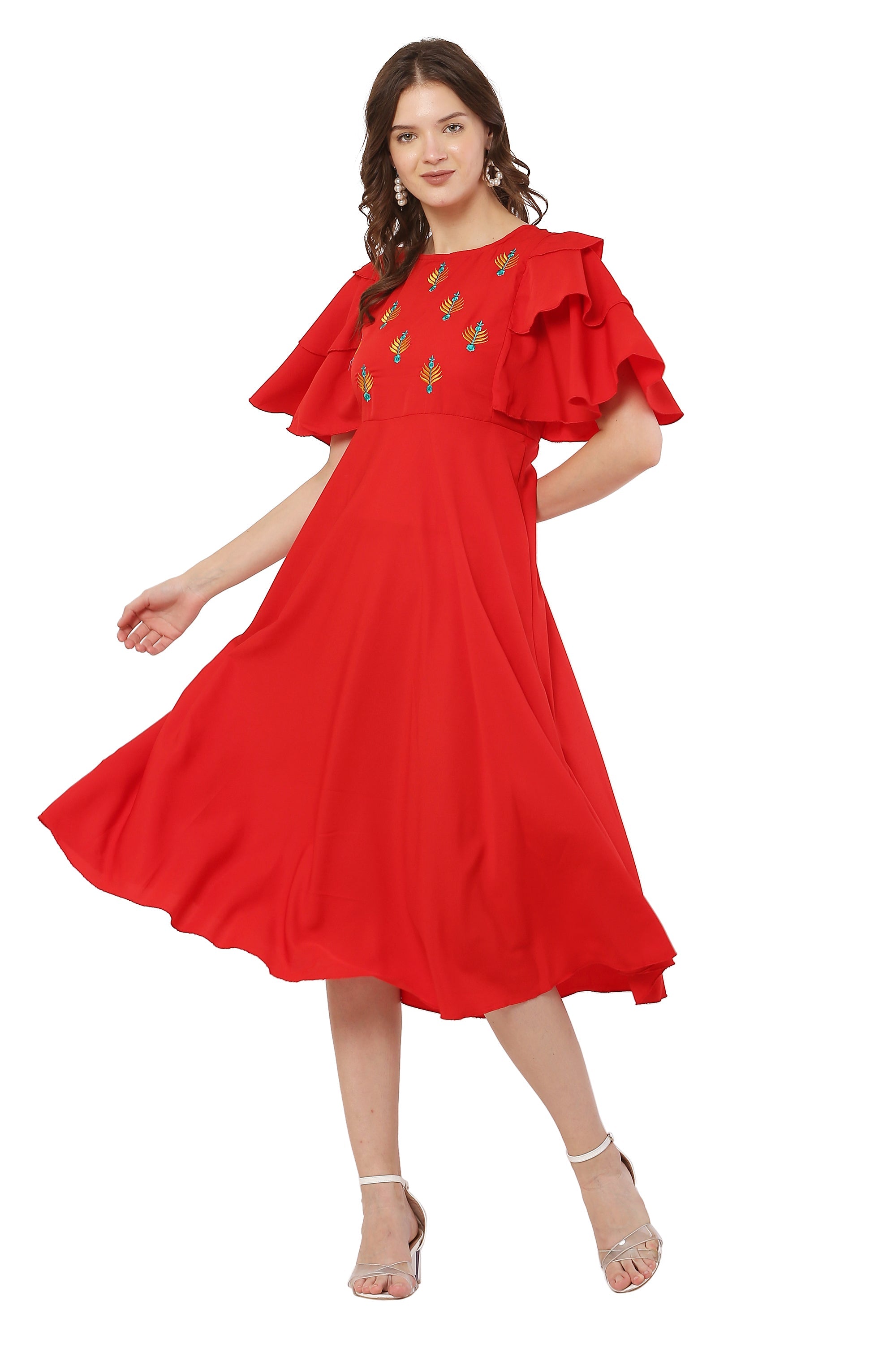 PAVONINE Red Color Crepe Fabric Embroidery Dress For Women | Grocsy
