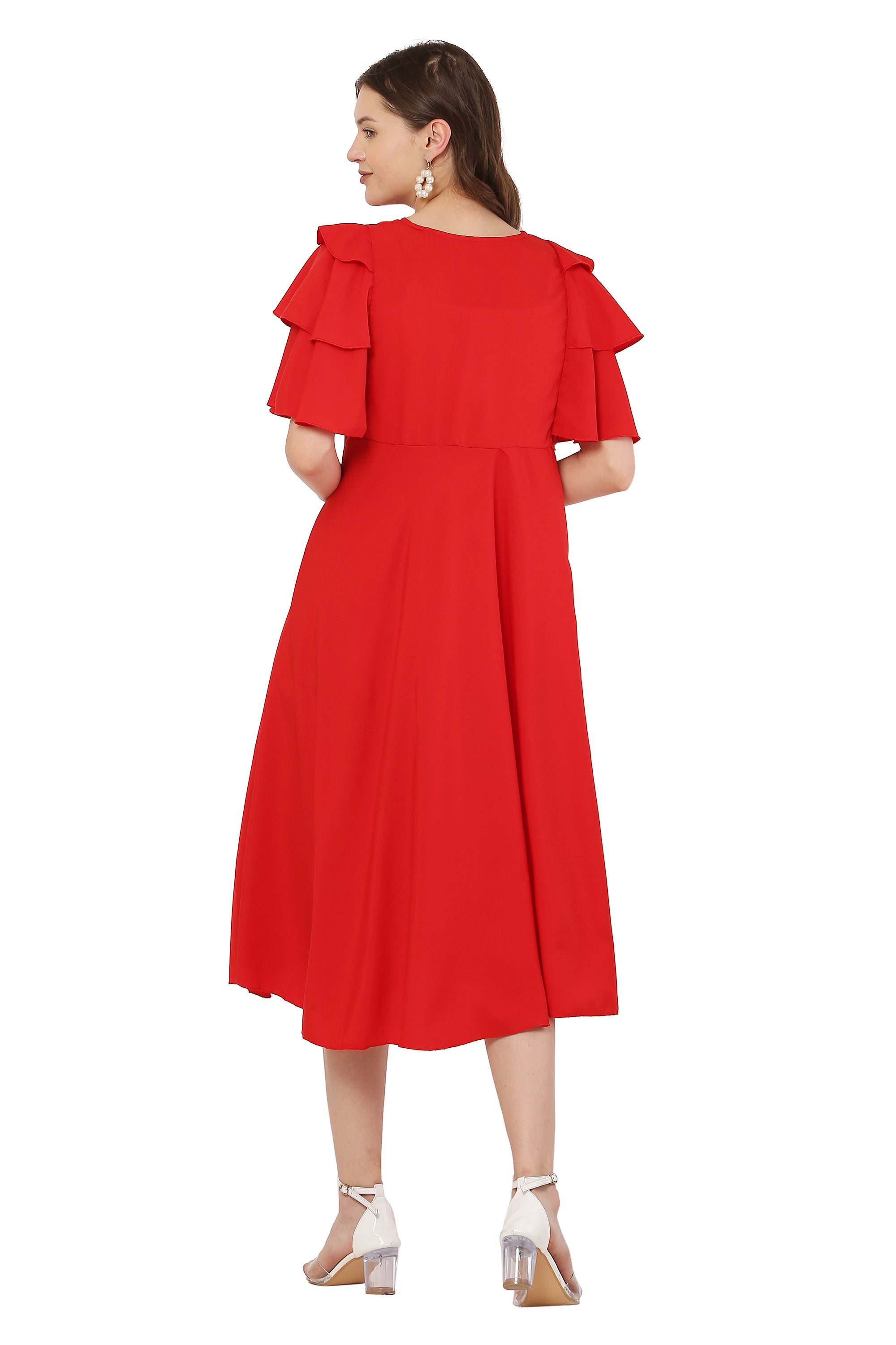 PAVONINE Red Color Crepe Fabric Embroidery Dress For Women | Grocsy