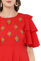 PAVONINE Red Color Crepe Fabric Embroidery Dress For Women | Grocsy