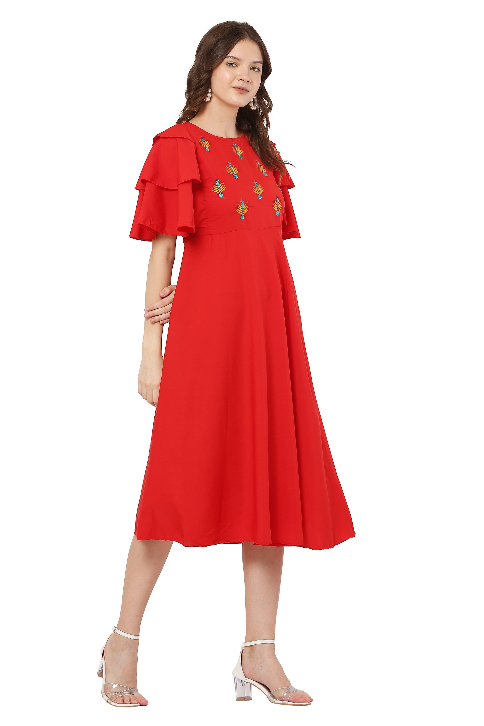 PAVONINE Red Color Crepe Fabric Embroidery Dress For Women | Grocsy