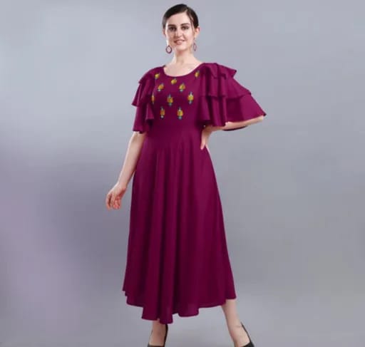 PAVONINE Wine Color Crepe Fabric Embroidery Dress For Women | Grocsy