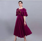 PAVONINE Wine Color Crepe Fabric Embroidery Dress For Women | Grocsy