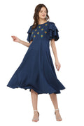 PAVONINE Navy Blue Color Crepe Fabric Embroidery Dress For Women | Grocsy