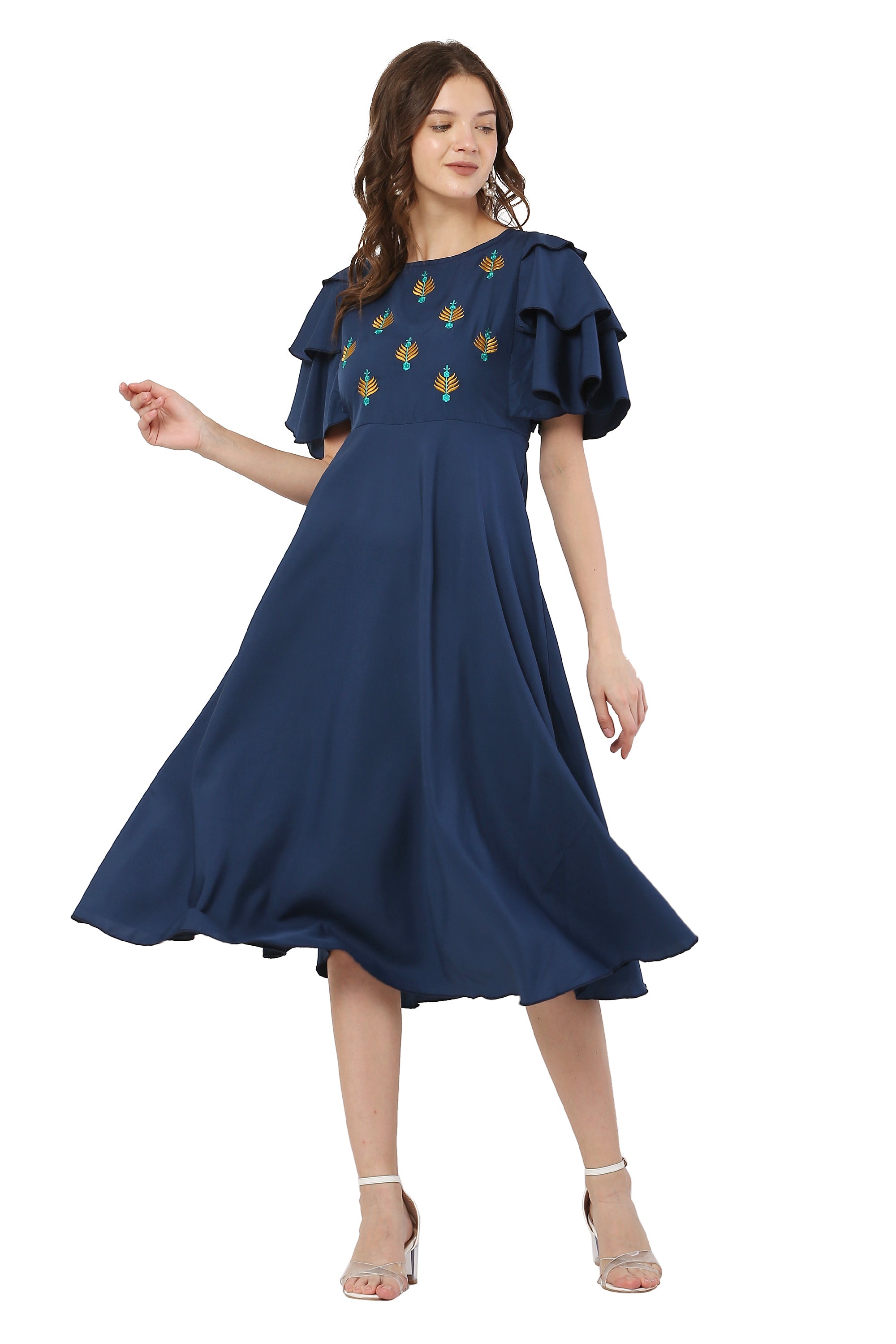 PAVONINE Navy Blue Color Crepe Fabric Embroidery Dress For Women | Grocsy
