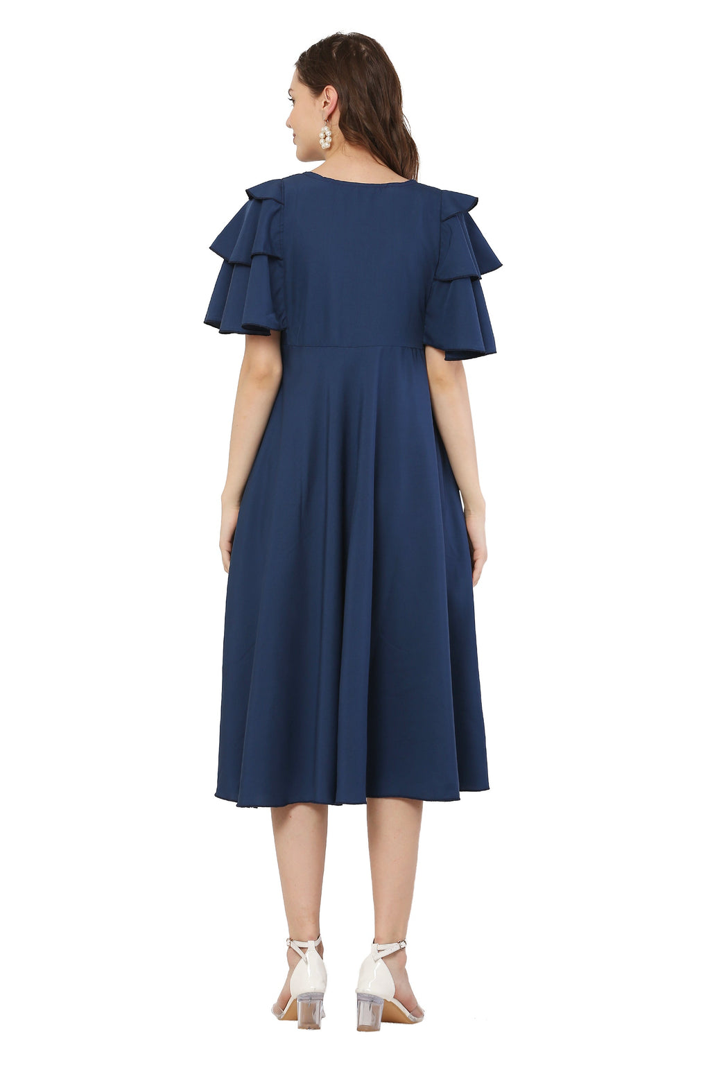 PAVONINE Navy Blue Color Crepe Fabric Embroidery Dress For Women | Grocsy