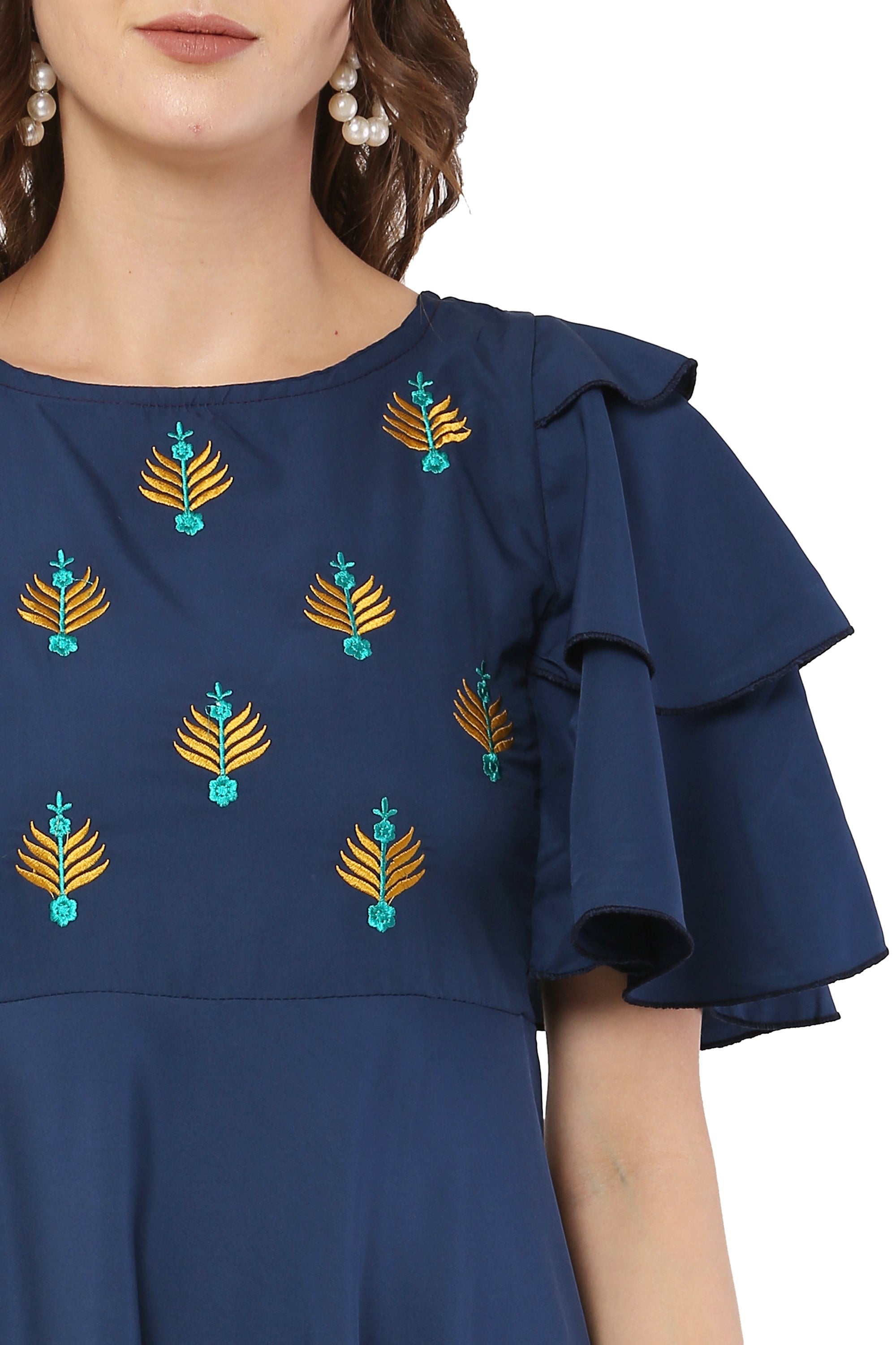 PAVONINE Navy Blue Color Crepe Fabric Embroidery Dress For Women | Grocsy