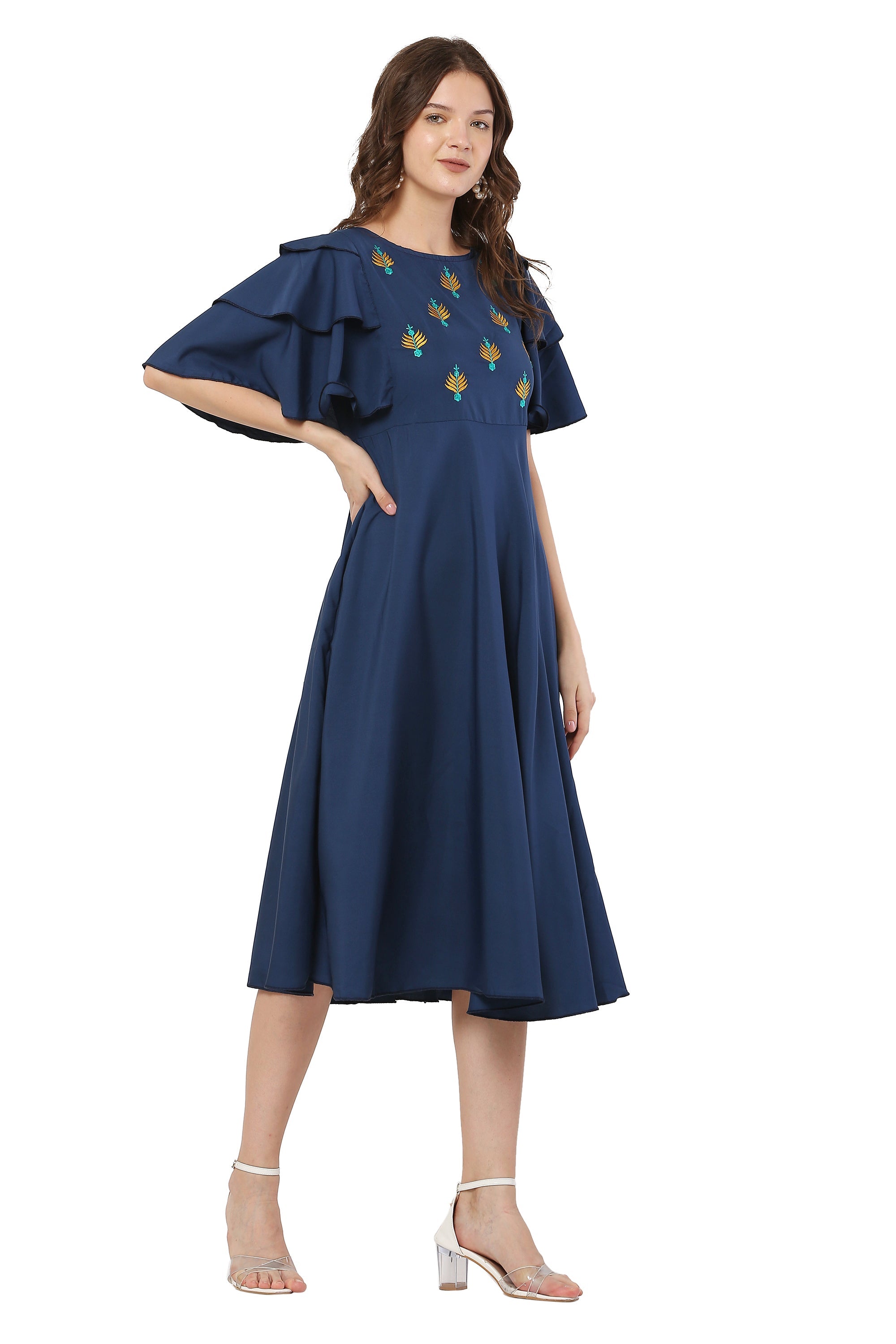 PAVONINE Navy Blue Color Crepe Fabric Embroidery Dress For Women | Grocsy