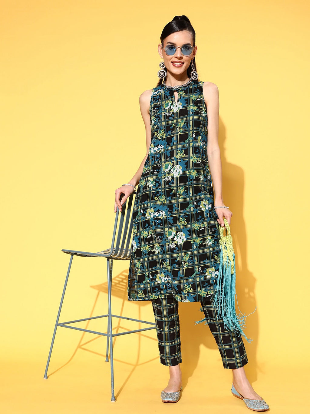 Sangria Women Ink Black Printed Parade Pure Cotton Kurta with Trousers | Grocsy