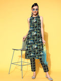 Sangria Women Ink Black Printed Parade Pure Cotton Kurta with Trousers | Grocsy