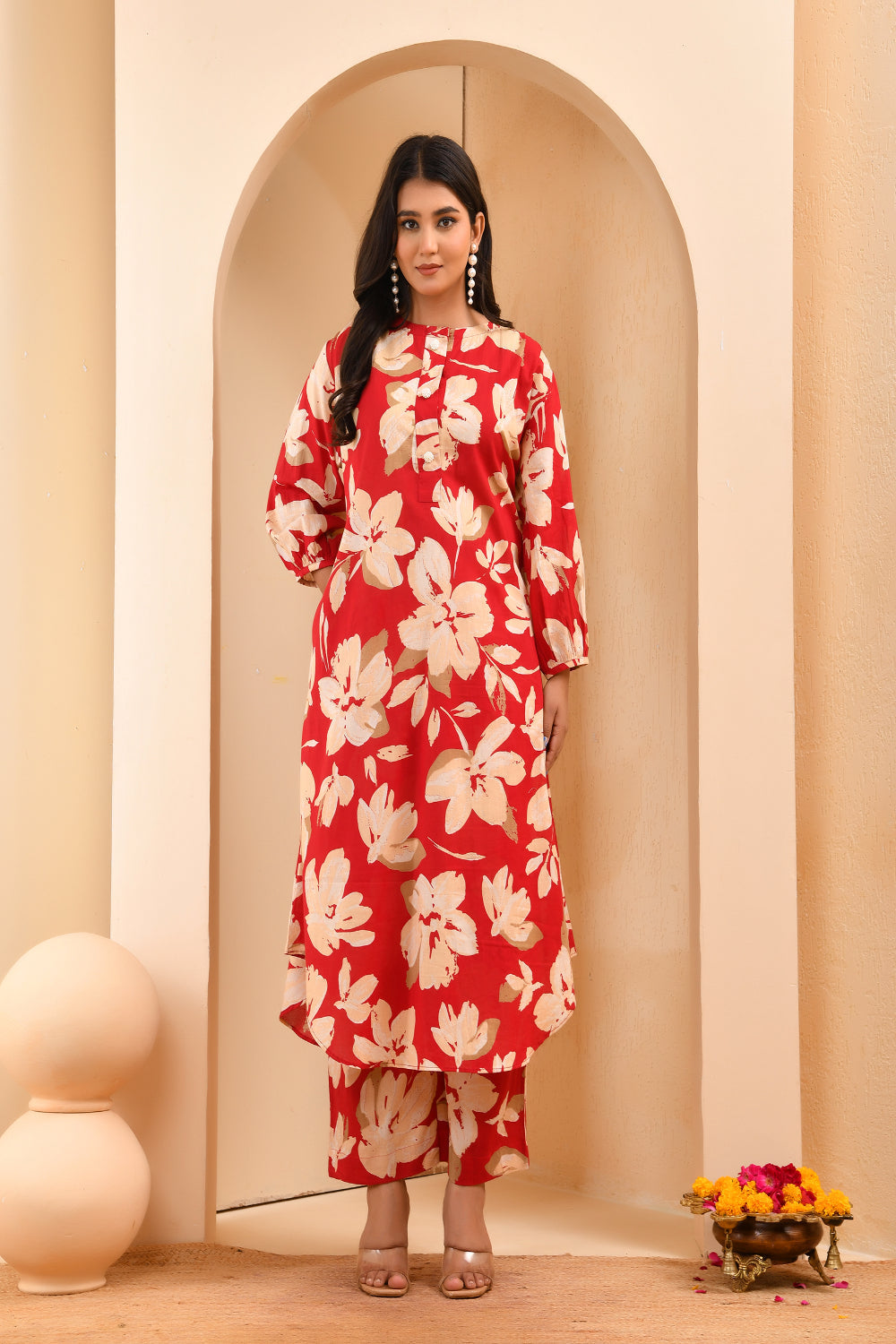 Vaasva Women Cherry Red Floral Aline Printed Cord Set | Grocsy