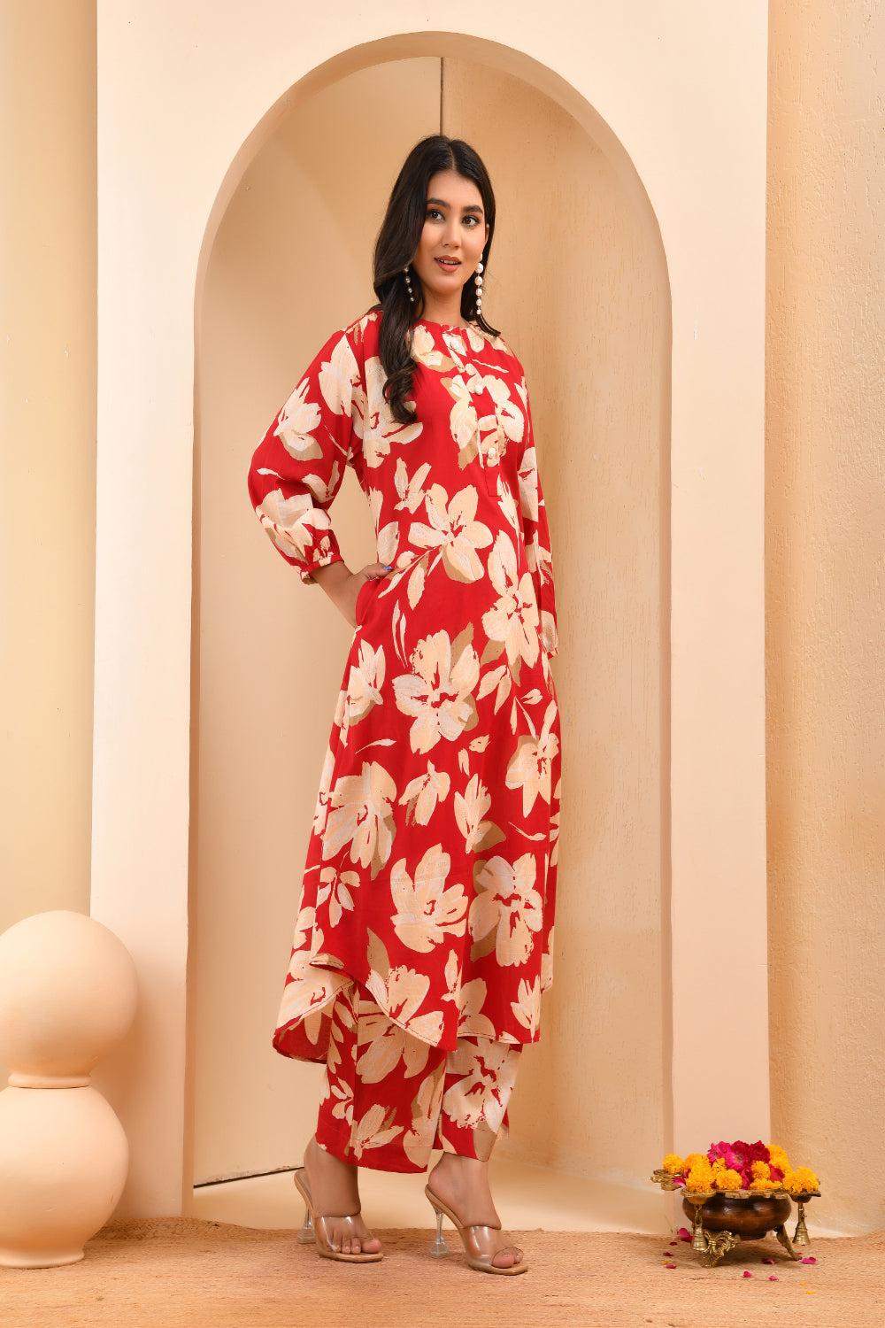 Vaasva Women Cherry Red Floral Aline Printed Cord Set | Grocsy