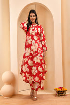 Vaasva Women Cherry Red Floral Aline Printed Cord Set | Grocsy