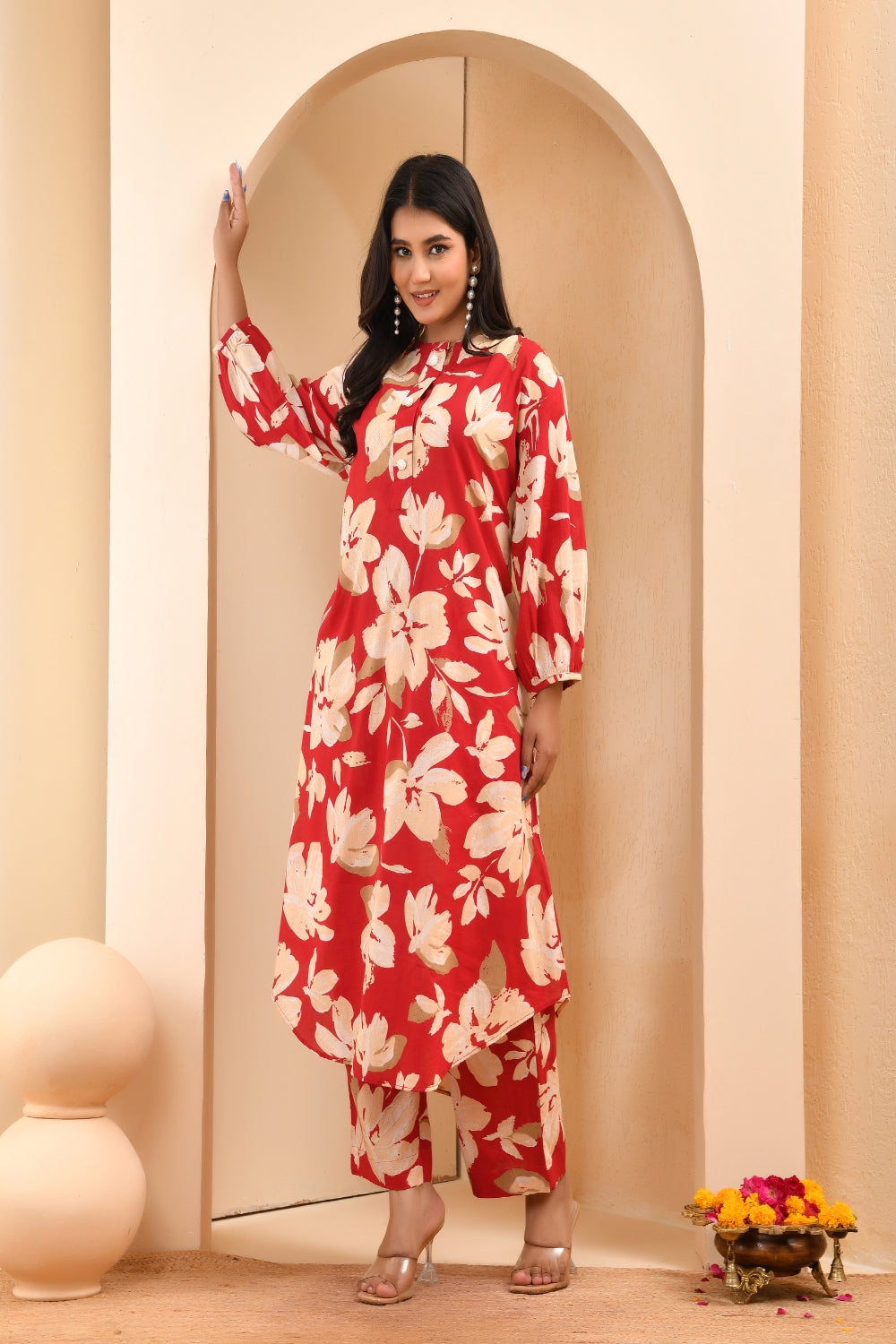 Vaasva Women Cherry Red Floral Aline Printed Cord Set | Grocsy