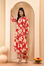 Vaasva Women Cherry Red Floral Aline Printed Cord Set | Grocsy