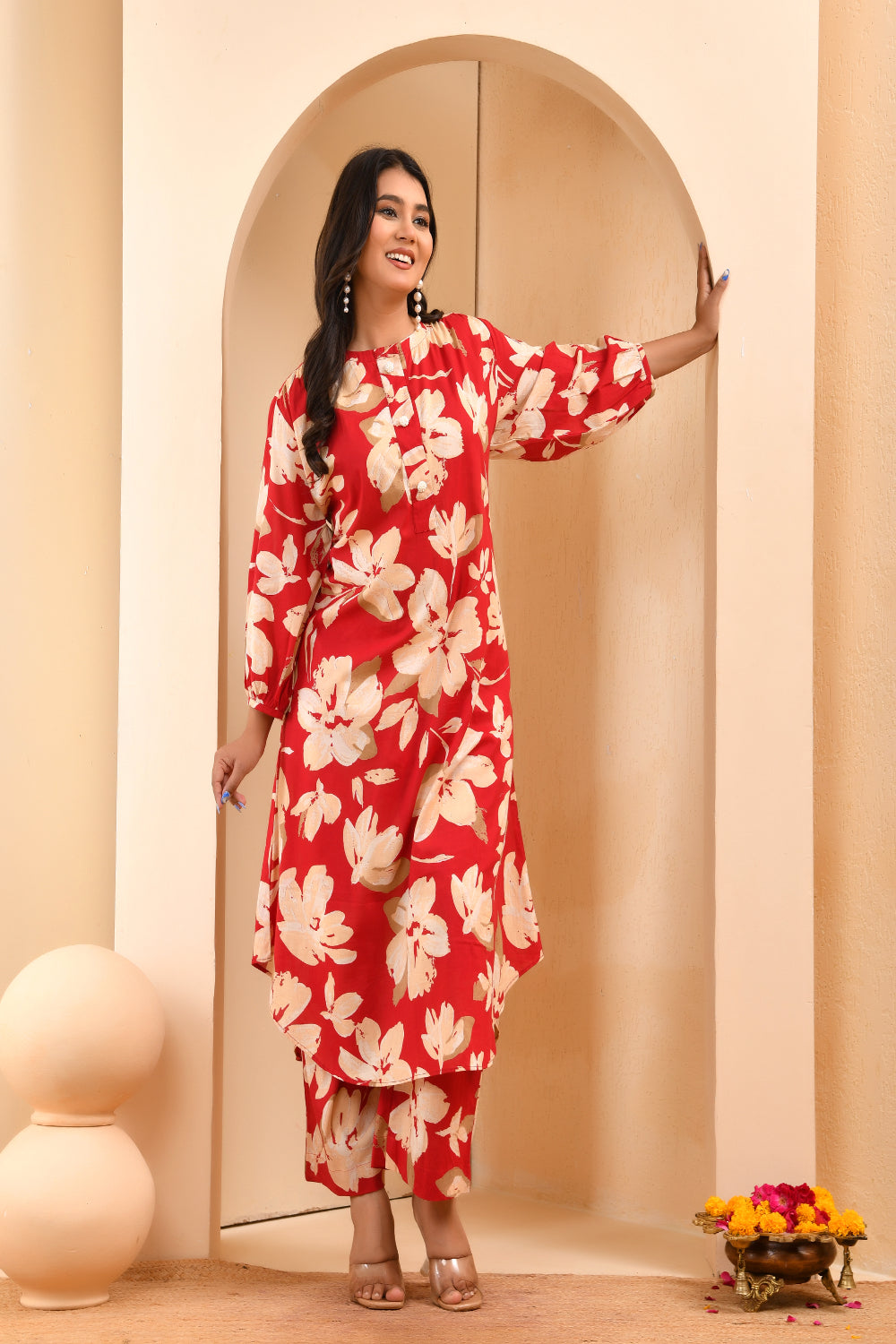 Vaasva Women Cherry Red Floral Aline Printed Cord Set | Grocsy