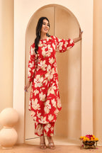 Vaasva Women Cherry Red Floral Aline Printed Cord Set | Grocsy