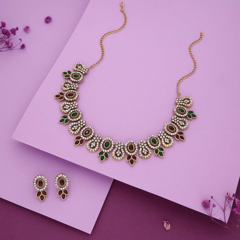 Tehzeeb Creations Gold-Polished Green And Maroon Colour Choker With Dangle Earrings | Grocsy