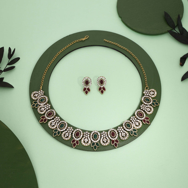 Tehzeeb Creations Gold-Polished Green And Maroon Colour Choker With Dangle Earrings | Grocsy