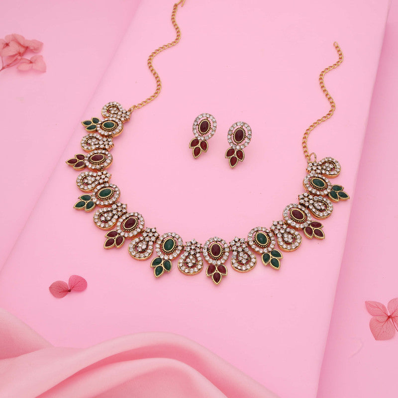 Tehzeeb Creations Gold-Polished Green And Maroon Colour Choker With Dangle Earrings | Grocsy