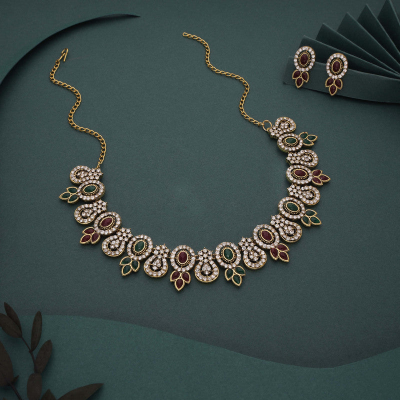 Tehzeeb Creations Gold-Polished Green And Maroon Colour Choker With Dangle Earrings | Grocsy