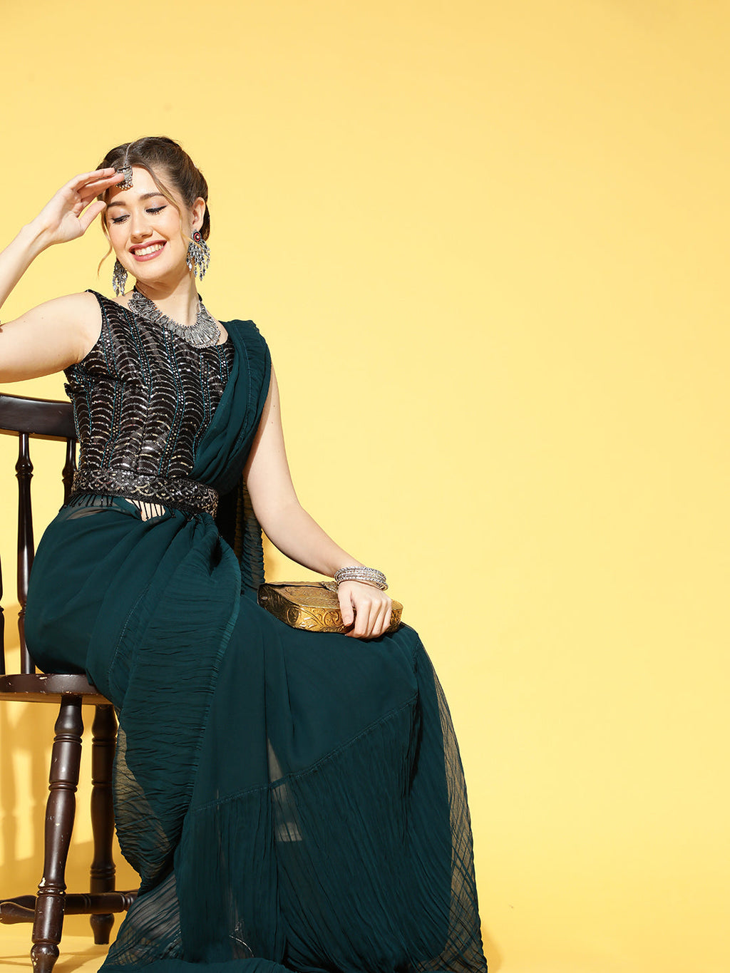 Saree Mall Teal Green & Black Solid Poly Georgette Party Saree with Matching Blouse | Grocsy