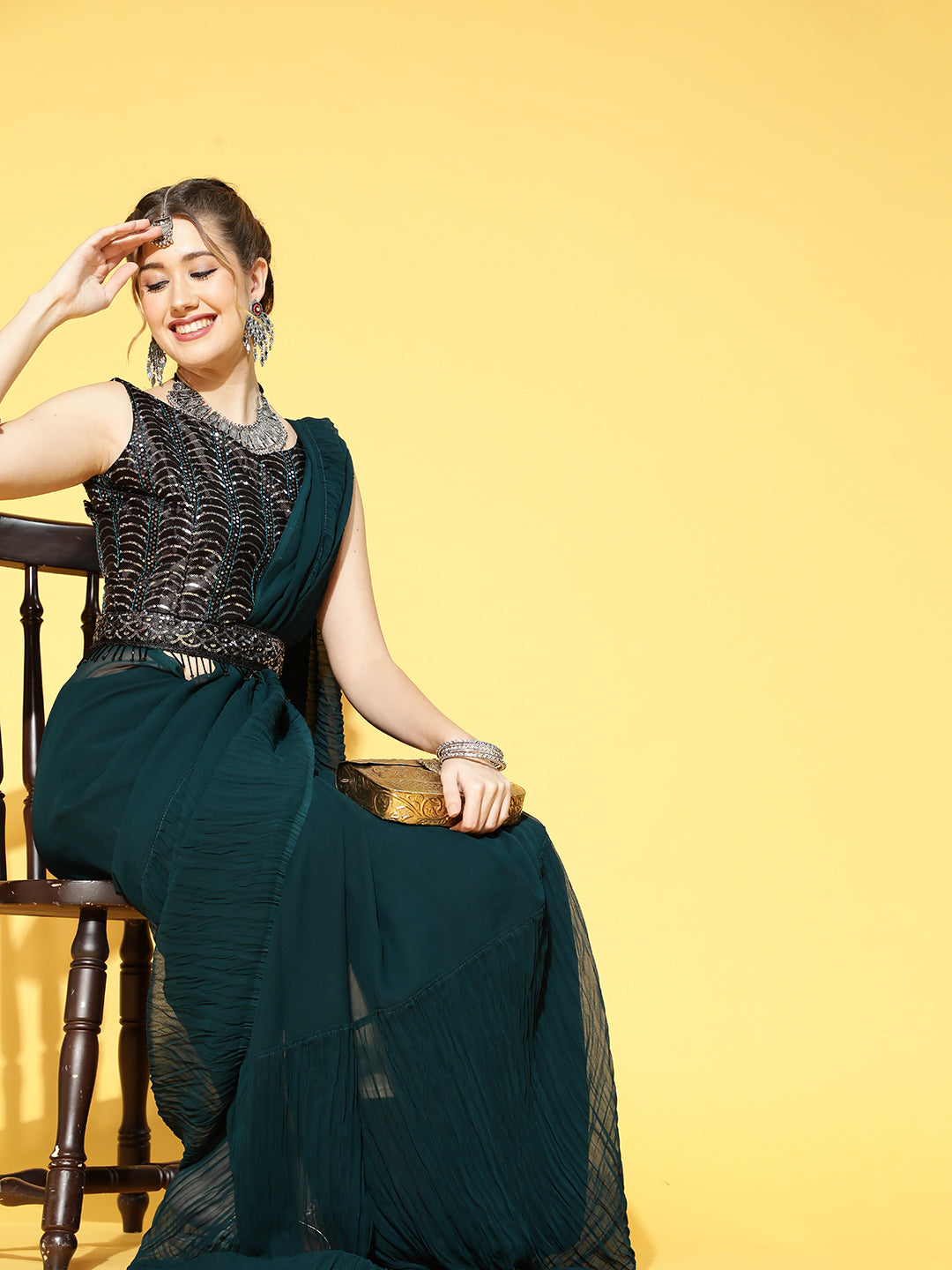 Saree Mall Teal Green & Black Solid Poly Georgette Party Saree with Matching Blouse | Grocsy