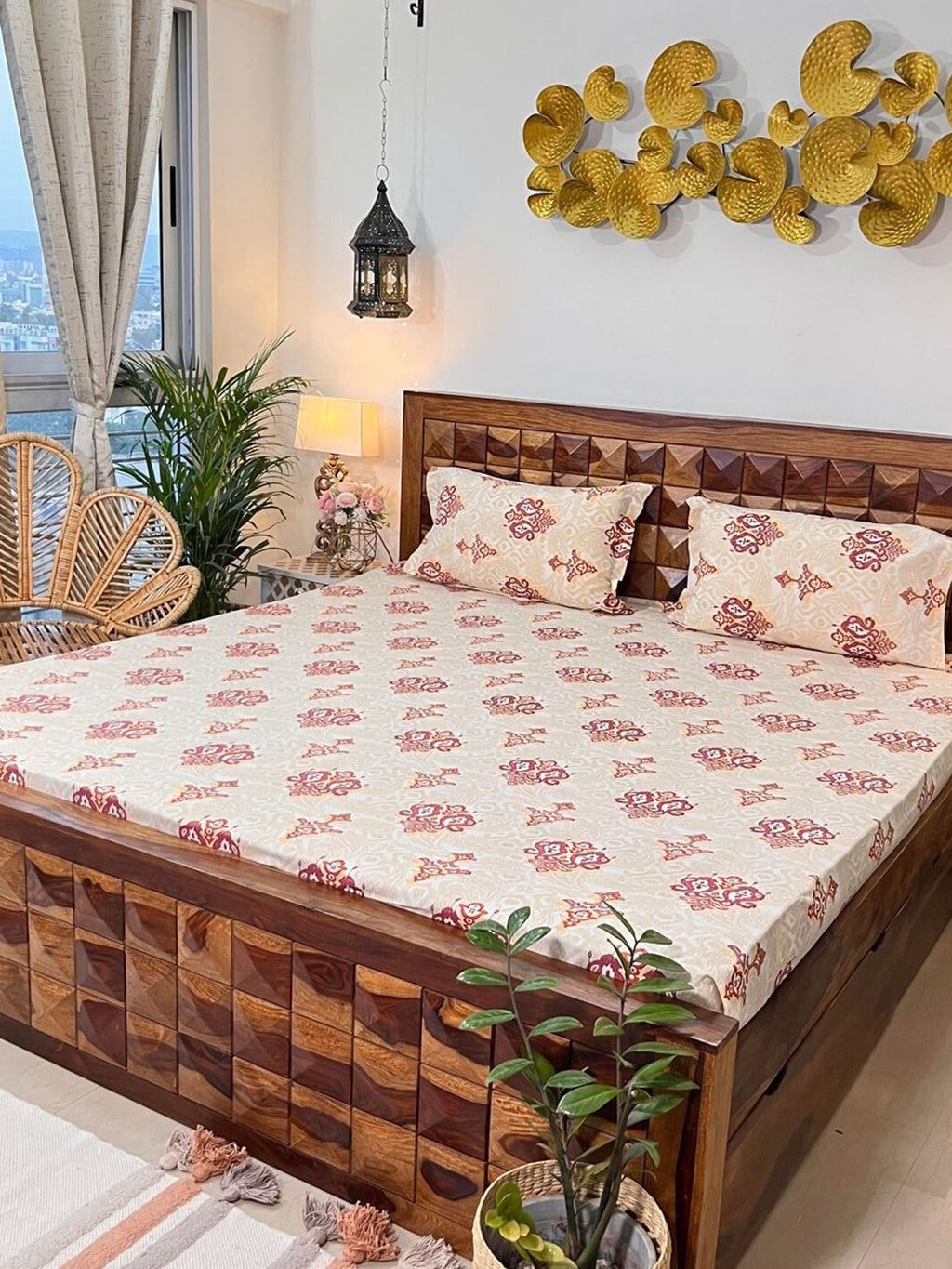 URBAN SPACE Divine White Ethnic Motifs 144 TC Cotton Queen Bedsheet & 2 Pillow Covers | Grocsy
