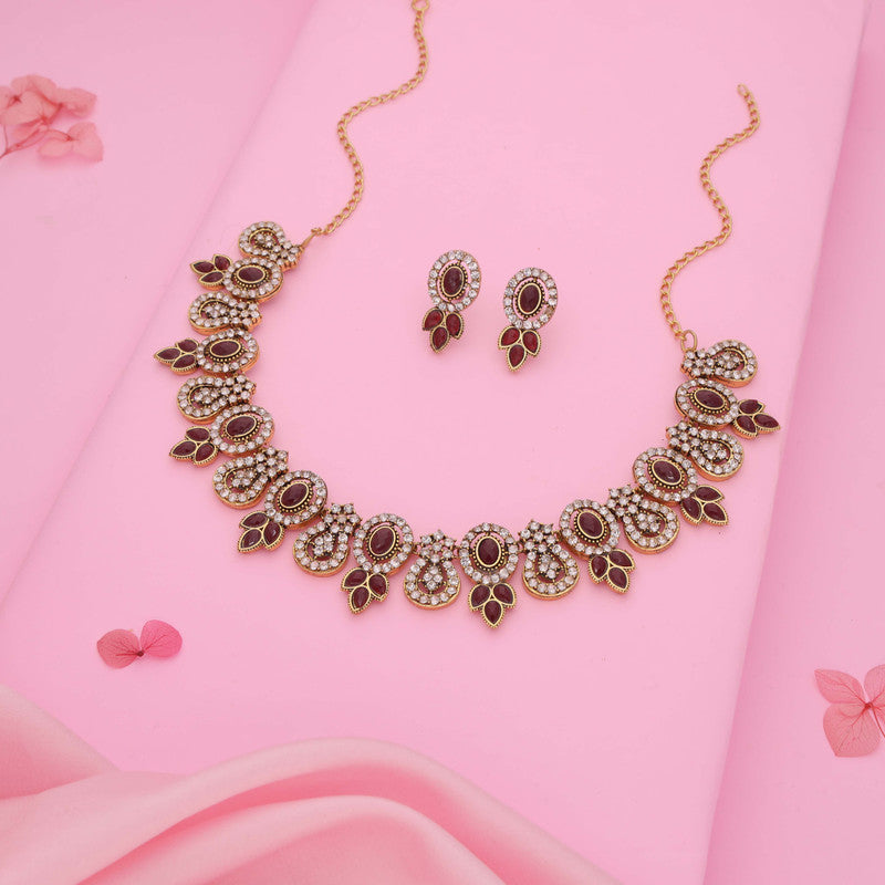 Tehzeeb Creations Gold-Polished Maroon Colour Choker With Dangle Earrings - Swadesiicart