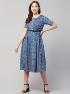 PAVONINE Blue Color Jaipuri Print Belt Dress For Women | Grocsy