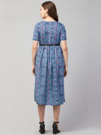 PAVONINE Blue Color Jaipuri Print Belt Dress For Women | Grocsy