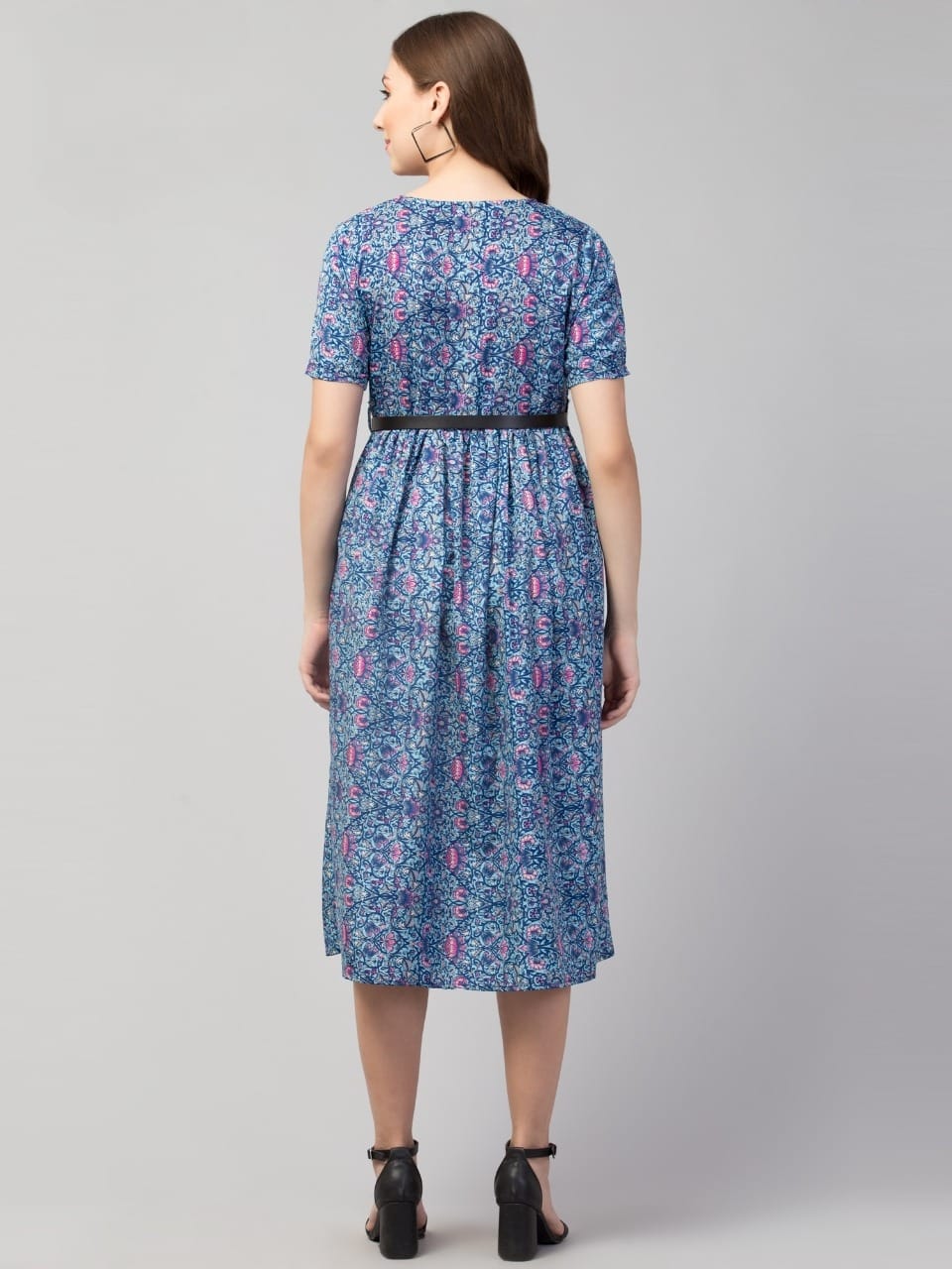 PAVONINE Blue Color Jaipuri Print Belt Dress For Women | Grocsy