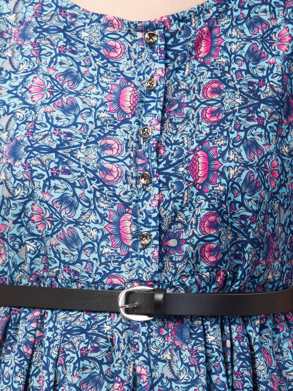 PAVONINE Blue Color Jaipuri Print Belt Dress For Women | Grocsy