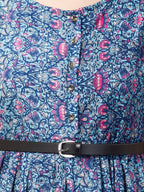 PAVONINE Blue Color Jaipuri Print Belt Dress For Women | Grocsy