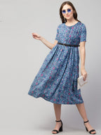 PAVONINE Blue Color Jaipuri Print Belt Dress For Women | Grocsy