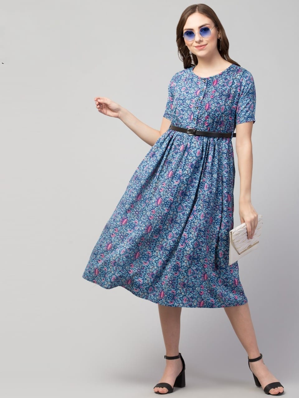 PAVONINE Blue Color Jaipuri Print Belt Dress For Women | Grocsy