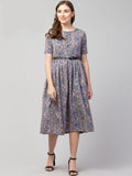 PAVONINE Grey Color Jaipuri Print Belt Dress For Women | Grocsy