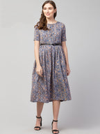 PAVONINE Grey Color Jaipuri Print Belt Dress For Women | Grocsy
