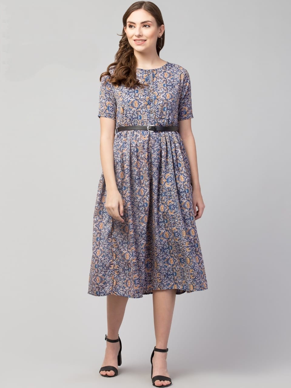 PAVONINE Grey Color Jaipuri Print Belt Dress For Women | Grocsy