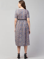 PAVONINE Grey Color Jaipuri Print Belt Dress For Women | Grocsy