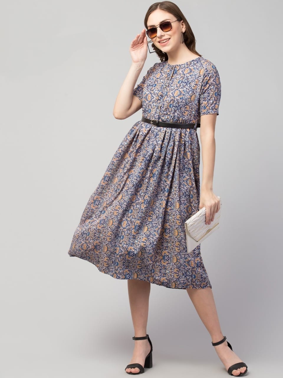 PAVONINE Grey Color Jaipuri Print Belt Dress For Women | Grocsy