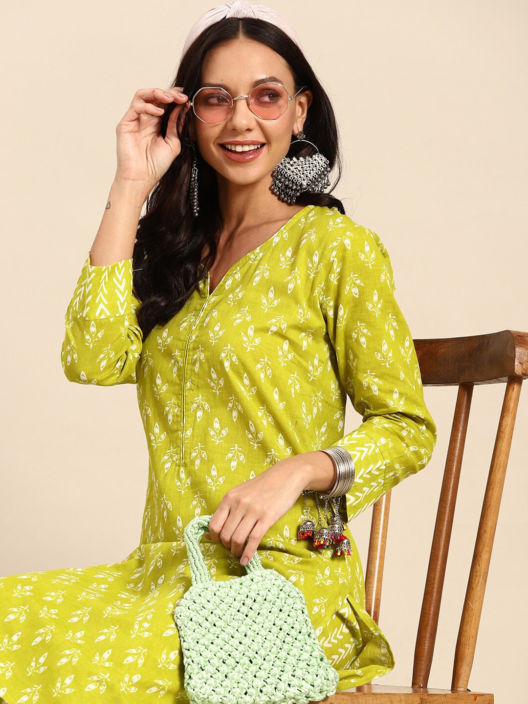 Sangria Green Ethnic Motifs Printed Pure Cotton V-Neck Straight Kurta With Trouser | Grocsy