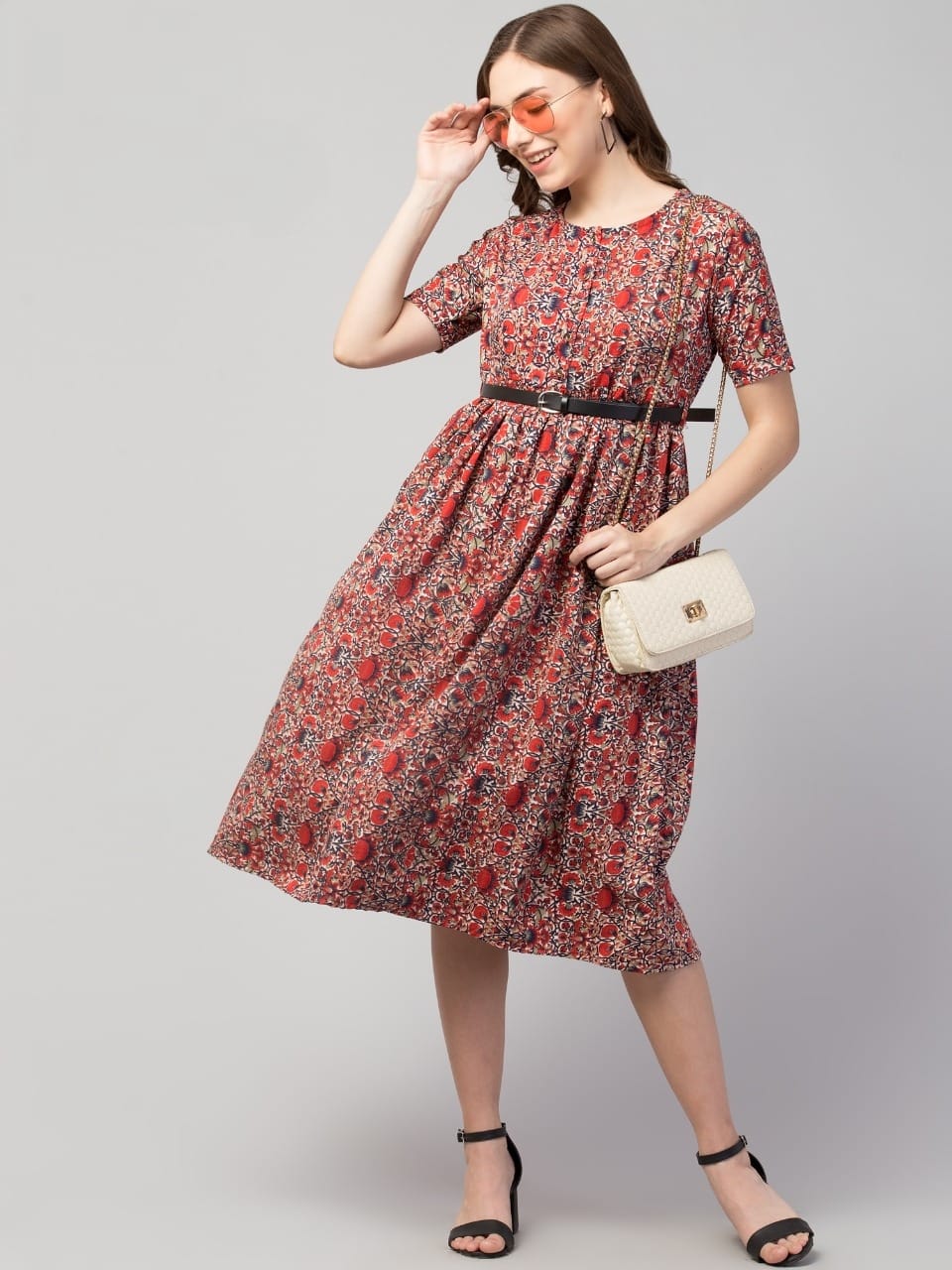 PAVONINE Maroon Color Jaipuri Print Belt Dress For Women | Grocsy