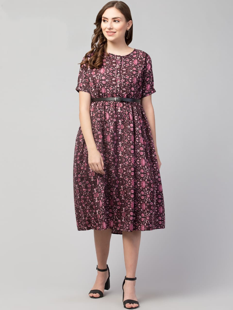 PAVONINE Wine Color Jaipuri Print Belt Dress For Women | Grocsy