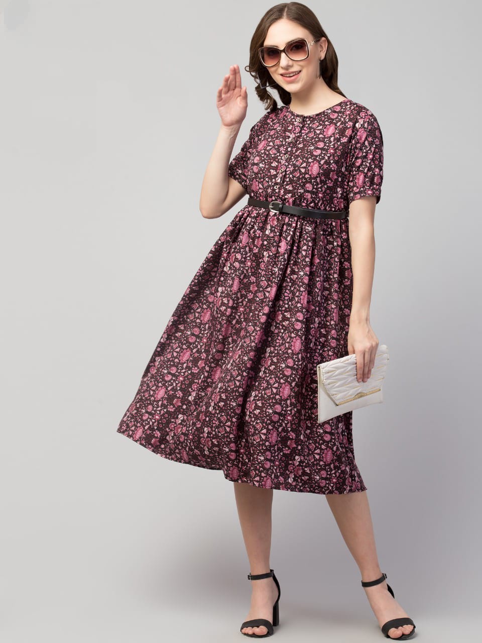 PAVONINE Wine Color Jaipuri Print Belt Dress For Women | Grocsy
