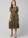 PAVONINE Yellow Color Jaipuri Print Belt Dress For Women | Grocsy