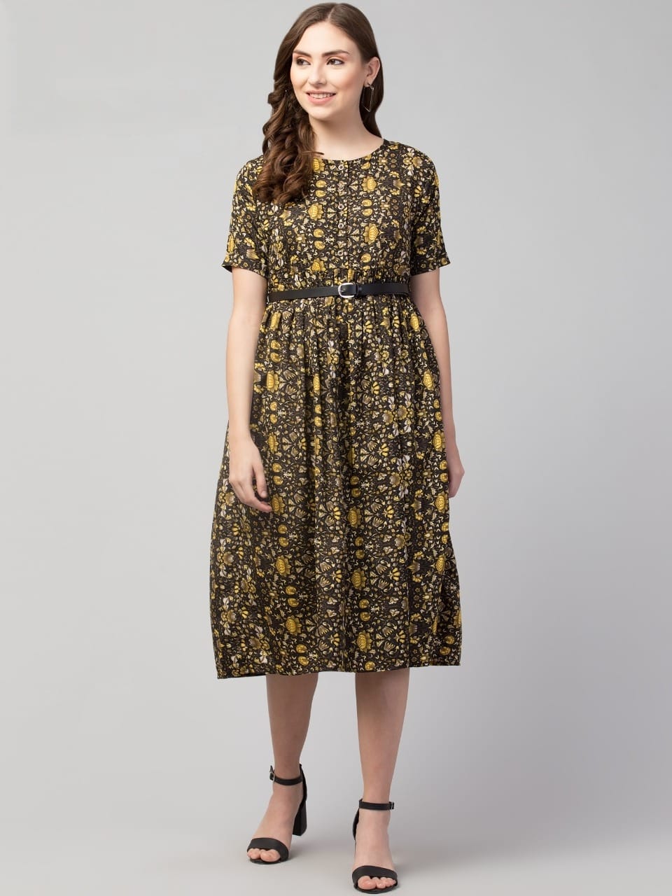 PAVONINE Yellow Color Jaipuri Print Belt Dress For Women | Grocsy